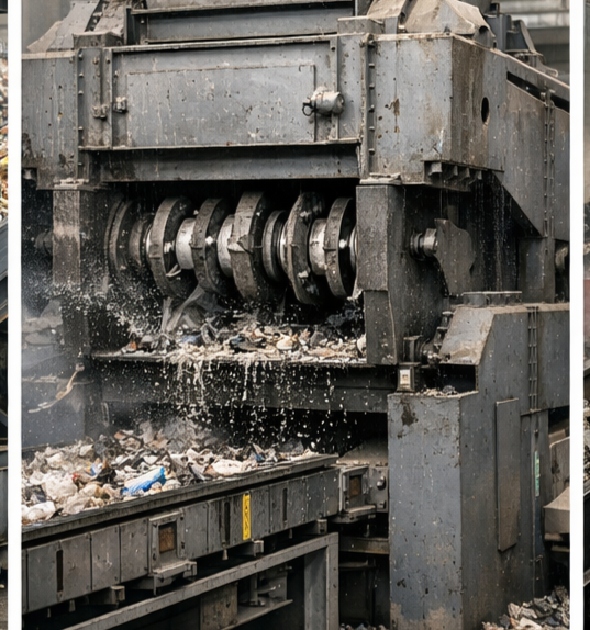 Collage aus 3 Bildern mit Sortiertechnik, Schredder und Zerkleinerungsanlage in einem Recyclingbetrieb